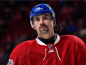 Tomas Plekanec takes part in warmup with the Canadiens before NHL game against the Winnipeg Jets at the Bell Centre in Montreal on Feb. 18, 2017.