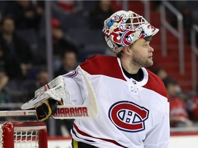 Canadiens goalie Antti Niemi takes a break during stoppage in play during game against the Capitals at Capital One Arena in Washington on Jan. 19, 2018.