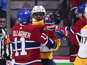 MONTREAL, QC - FEBRUARY 10:  P.K. Subban #76 of the Nashville Predators and Brendan Gallagher #11 of the Montreal Canadiens get involved in a scuffle during the NHL game at the Bell Centre on February 10, 2018 in Montreal, Quebec, Canada.