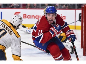Canadiens' Brendan reacts after scoring a goal in the second period against the Nashville Predators at the Bell Centre on Saturday, Feb. 10, 2018, in Montreal.