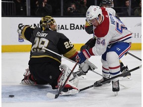 Canadiens' Charles Hudon scores a goal against Marc-André Fleury of the Vegas Golden Knights at T-Mobile Arena on Saturday, Feb. 17, 2018, in Las Vegas.