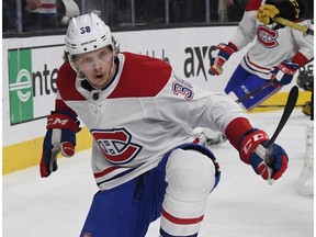 LAS VEGAS, NV - FEBRUARY 17:  Nikita Scherbak #38 of the Montreal Canadiens celebrates after scoring a first-period goal against the Vegas Golden Knights during their game at T-Mobile Arena on February 17, 2018 in Las Vegas, Nevada.