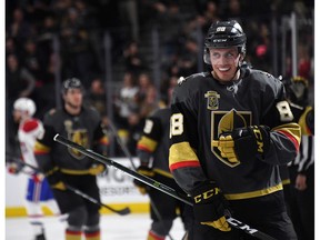 Nate Schmidt #88 of the Vegas Golden Knights smiles after scoring a third-period goal against the Montreal Canadiens during their game at T-Mobile Arena on February 17, 2018 in Las Vegas, Nevada. The Golden Knights won 6-3.