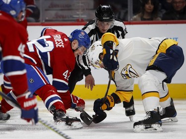Montreal Canadiens center Byron Froese faces the Nashville Predators as the puck drops during HNL action in Montreal Saturday February 10, 2018.
