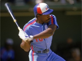 Andre Dawson #10 of the Montreal Expos swings during a 1986 season game against the San Diego Padres at Jack Murphy Stadium in San Diego, California.