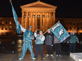 Eagles fans celebrate in front of the Philadelphia Art Museum after their team's 41-33 victory over the New England Patriots in Super Bowl LII on Feb. 4, 2018.