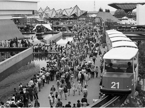 The Monorail runs past the British pavilion (left) en route to Canadian pavilion (back right) at Expo 67.