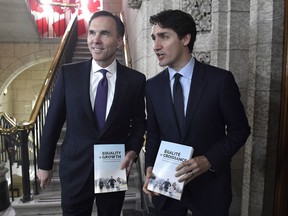 Minister of Finance Bill Morneau walks with Prime Minister Justin Trudeau, right, before tabling the budget in the House of Commons on Parliament Hill in Ottawa on Tuesday, Feb. 27, 2018.