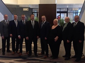 The Quebec Federation of Municipalities executive committee for 2018, from left: Larry Bernier, Sylvain Lepage, Yvon Soucy, Jacques Demers, Jonathan Lapierre, Chantale Lamarche, Guy Saint-Pierre, Gaston Arcand.
