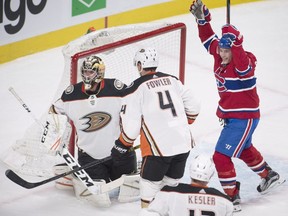 Canadiens forward Brendan Gallagher celebrates a goal by teammate Jeff Petry as Anaheim Ducks goaltender Reto Berra and defenceman Cam Fowler react during game at the Bell Centre in Montreal on Feb. 3, 2018.