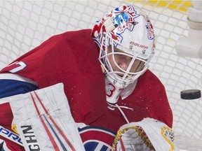 Montreal Canadiens goaltender Antti Niemi makes a save against the Anaheim Ducks in Montreal on Feb. 3, 2018.