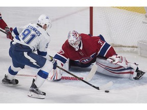 Tampa Bay Lightning centre Steven Stamkos moves in on Canadiens goaltender Antti Niemi in Montreal on Saturday, Feb. 24, 2018.