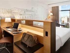 Whimsical sketches of urban street scenes are featured in Hôtel Pur's guest rooms.