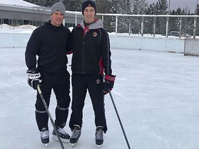 Sidney Crosby surprised Guillaume Ouimet, right, on an outdoor rink in Quebec in early January