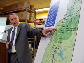 On Aug. 15, 2015, Bill Quinlan, President of Eversource Operations in New Hampshire, presents revised plans for the proposed Northern Pass hydroelectric project at Globe Manufacturing in Pittsfield, N.H.