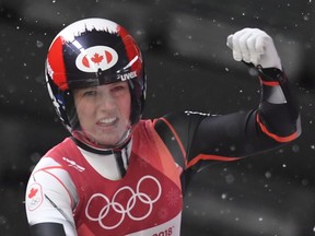 Canada's Alex Gough reacts after competing in women's luge at the Pyeongchang Olympics on Feb. 13.