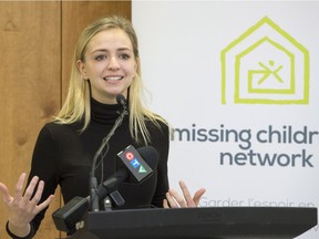 Quebec actress Ludivine Reding speaks at a press conference for the Missing Children's Network announcing a new program to prevent runaways Wednesday, February 14, 2018 in Montreal.
