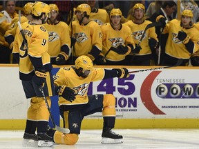 Predators defenceman P.K. Subban celebrates his goal against the New York Rangers during NHL game in Nashville on Feb. 3, 2018.