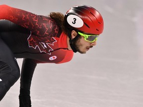 Canadian short track speed skater Samuel Girard competes in the men's 1,000 metres at the Pyeongchang Olympics on Feb. 17.