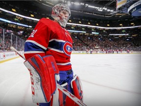 Canadiens goalie Carey Price skates out of his net during break in action of an NHL game against the New York Islanders at the Bell Centre in Montreal on Jan. 15, 2018.