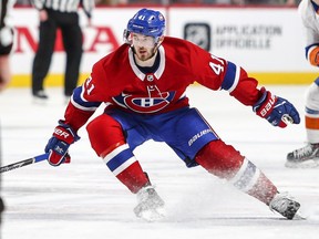 Canadiens' Paul Byron changes directions during game against the New York Islanders in Montreal on Jan. 15, 2018.