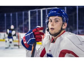 Newly acquired Laval Rocket left winger Kerby Rychel, who was acquired in the Tomas Plekanec trade, practised with the Rocket for the first time at Place Bell in Laval on Feb. 27, 2018.