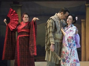 Lakeshore Light Opera's Sarah Thorpe, left, as Katisha, J.R. Gonzales as Nanki-Poo and Christina Barrucco as Yum-Yum in rehearsal for Gilbert & Sullivan's, The Mikado.