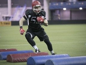 Joël Houle, from McGill, does a drill during the East regional combine at Olympic Stadium on Wednesday. Houle failed to move on and will return to school for one more year.