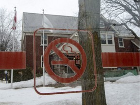 A no smoking sign is seen in front of city hall in Hampstead.