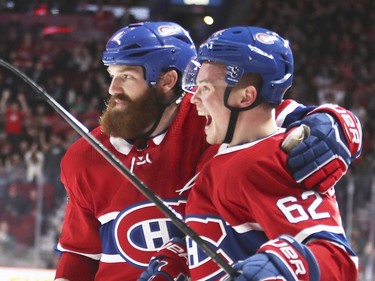 Montreal Canadiens Artturi Lehkonen, right, celebrates his goal against the Dallas Stars with teammate Jordie Benn during first period of National Hockey League game in Montreal Tuesday March 13, 2018.