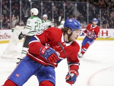 Montreal Canadiens Nikita Scherbak skates away from the net after scoring goal against the Dallas Stars during third period of National Hockey League game in Montreal Tuesday March 13, 2018.