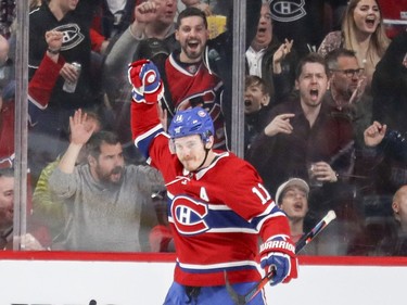 Montreal Canadiens Brendan Gallagher celebrates his second-period goal against the Dallas Stars during National Hockey League game in Montreal Tuesday March 13, 2018.