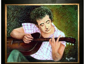 Artist Hugette Brun's paintings of seminal Québécois poet/singer Félix Leclerc, pictured in a Brun painting, are on display at the Pincourt Library until May 1, 2018.