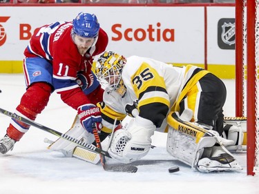 Montreal Canadiens Brendan Gallagher has his shot stopped by Pittsburgh Penguins goalie Tristan Jarry during third period of National Hockey League game in Montreal, Thursday March 15, 2018.