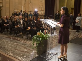 Montreal Mayor Valérie Plante introduces members of an advisory committee that will work on how to make city services more inclusive and representative at city hall, on Monday, March 19, 2018.
