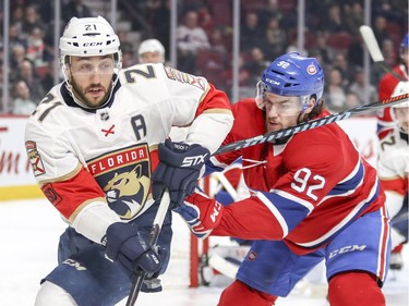 Montreal Canadiens Jonathan Drouin defends agains Florida Panthers Vincent Trocheck during second period of National Hockey League game in Montreal Monday March 19, 2018.