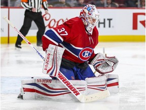 Montreal Canadiens' Antti Niemi follows the play against the Florida Panthers in Montreal pn March 19, 2018.