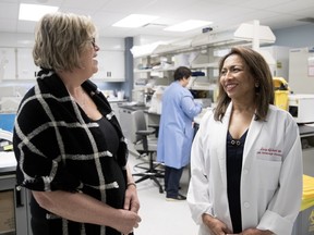 Dr. Lucy Gilbert speaks with her patient, Susan Caluori, at the MUHC's Glen Hospital site in Montreal on Wednesday, March 21, 2018. "She was my saviour," Caluori says of Gilbert.