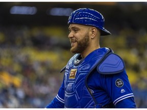 MONTREAL, QUE: MARCH 26, 2018 -  Toronto Blue Jays catcher Russell Martin during the St. Louis Cardinals MLB pre-season game in Montreal, on Monday, March 26, 2018. (Dave Sidaway / MONTREAL GAZETTE) ORG XMIT: 60388