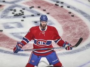 The Canadiens’ Paul Byron skates past centre ice during before Game 1 of playoff series against the New York Rangers at the Bell Centre in Montreal on April 12, 2017.