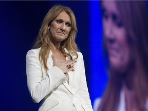 Celine Dion gestures as she performs in concert at the Bell Centre in Montreal, Sunday, July 31, 2016. Dion's shows scheduled from March 27 to April 18 in Las Vegas have been cancelled.
