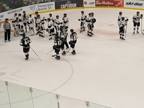 The Blainville-Boisbriand Armada celebrate a win over the Gatineau Olympiques