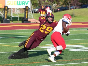 Concordia linebacker Mickael Côté, left, from Mont-St-Hilaire, recorded a conference-leading 40 tackles last season in only seven games along with three quarterback sacks. He was a conference all-star and second-team all-Canadian. He was named the Stingers' most valuable player.