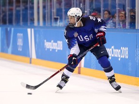 Hilary Knight #21 of the United States skates with the puck in the first period against Canada during the Women's Gold Medal Game on day thirteen of the PyeongChang 2018 Winter Olympic Games at Gangneung Hockey Centre on February 22, 2018 in Gangneung, South Korea.