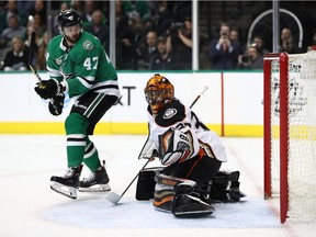 Ryan Miller of the Anaheim Ducks gives up a goal in front of Alexander Radulov of the Dallas Stars on March 9, 2018 in Dallas.