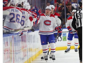 Canadiens' Artturi Lehkonen celebrates his goal against the Sabres with teammates during the second period at KeyBank Center on Friday, March 23, 2018, in Buffalo.