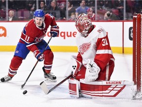 MONTREAL, QC - MARCH 26:  Goaltender Jared Coreau #31 of the Detroit Red Wings allows a rebound near Brendan Gallagher #11 of the Montreal Canadiens during the NHL game at the Bell Centre on March 26, 2018 in Montreal, Quebec, Canada.