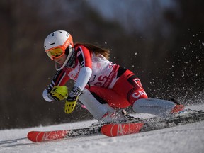Canada's Mollie Jepsen competes in the alpine skiing standing women's super combined at the Jeongseon Alpine Centre during the Pyeongchang 2018 Winter Paralympic Games in Pyeongchang on March 13, 2018.