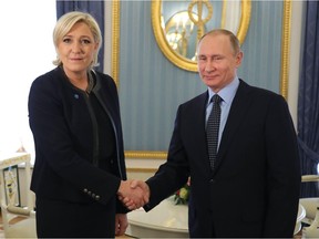Russian President Vladimir Putin meets with French presidential election candidate for the far-right Front National (FN) party Marine Le Pen at the Kremlin in Moscow on March 24, 2017.