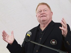 In this June 23, 2012, file photo, Rusty Staub speaks during his induction into the Canadian Baseball Hall of Fame in St. Marys, Ont. Staub, an original member of the Montreal Expos and one of the team's first superstars, has died. He was 73.
